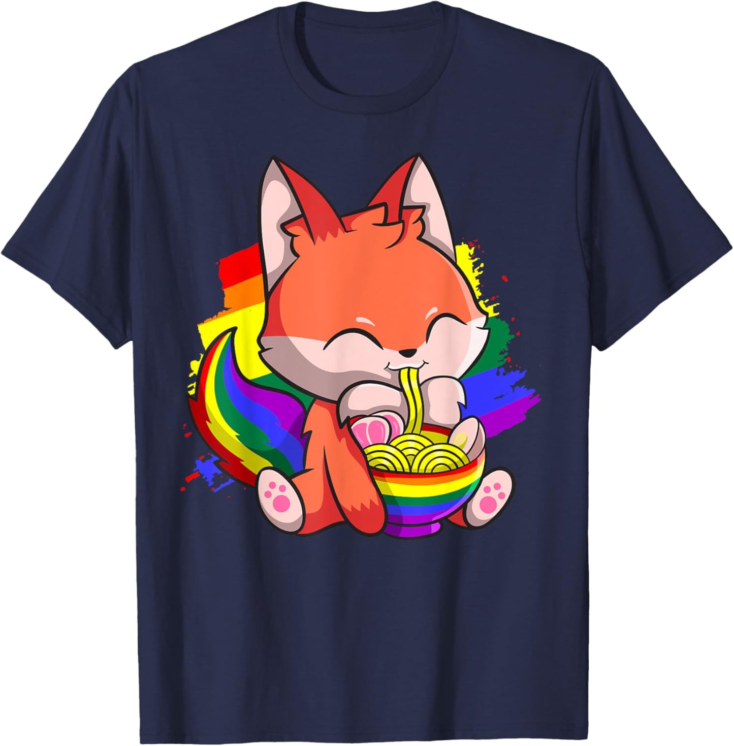 Gay Pride Kawaii Fox Ramen Noodles Rainbow Flag T-Shirt - T-Shirt | Navy