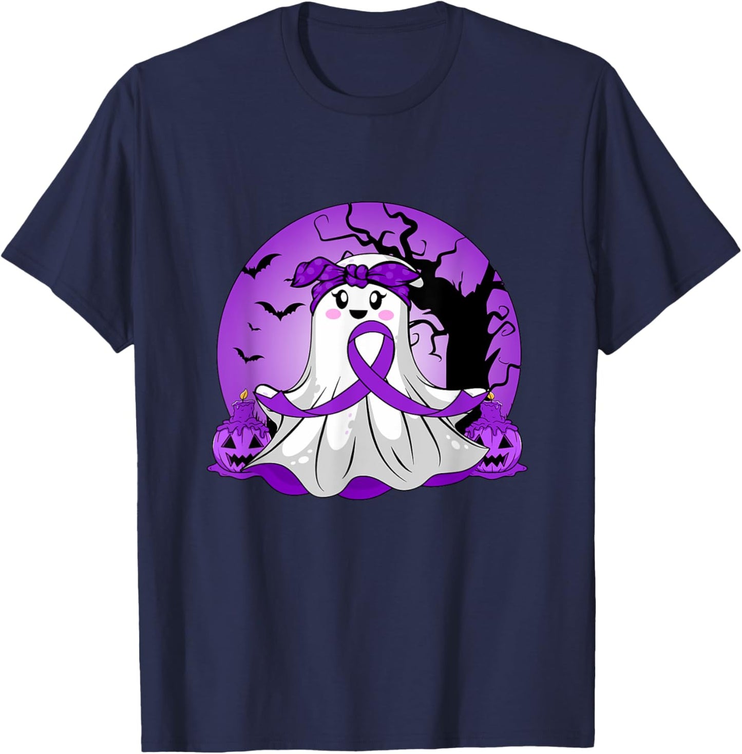 Pancreatic Cancer Halloween Ghost Purple Ribbon Awareness T-Shirt - T-Shirt | Navy