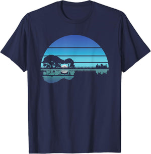 Acoustic Guitar Lake Sunset Guitarist Musician Music Rock T-Shirt - T-Shirt | Navy