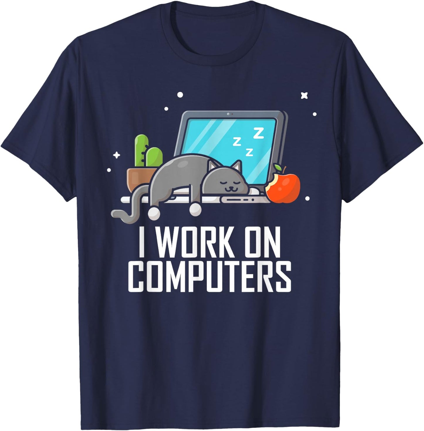 I Work on Computers Funny Cute Tech Coding Cat Working T-Shirt - T-Shirt | Navy