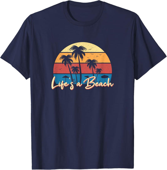 Life's a Beach Funny Retro Palm Tree Vacation Summer Gifts Women Girls Kids T-Shirt - T-Shirt | Navy