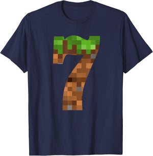 Pixel 7yr Birthday Number Seven 7 Year Old 7th Video Gamer T-Shirt - T-Shirt | Navy