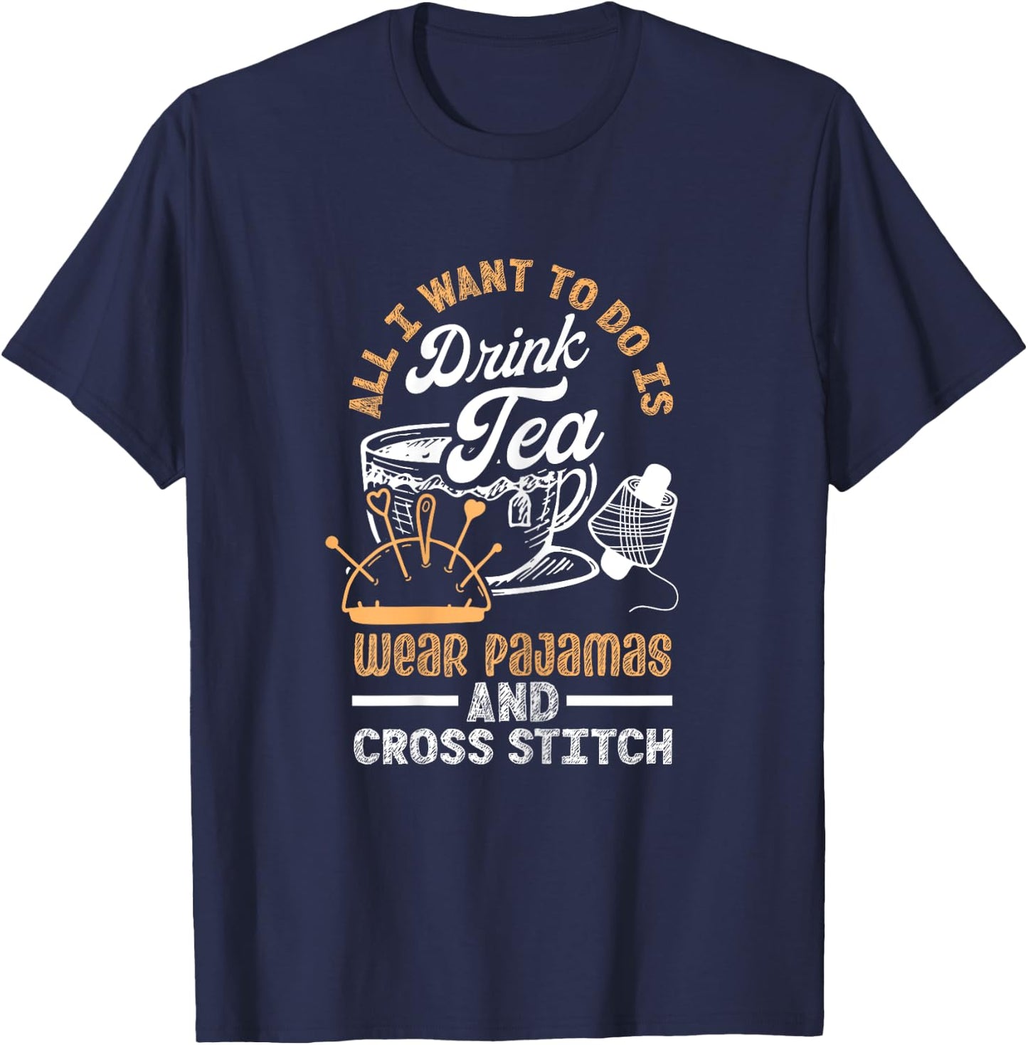 Cute Cross Stitch Clothes Cross Stitch Wear Pajamas And Drink Tea Black X-Small T-Shirt - T-Shirt | Navy