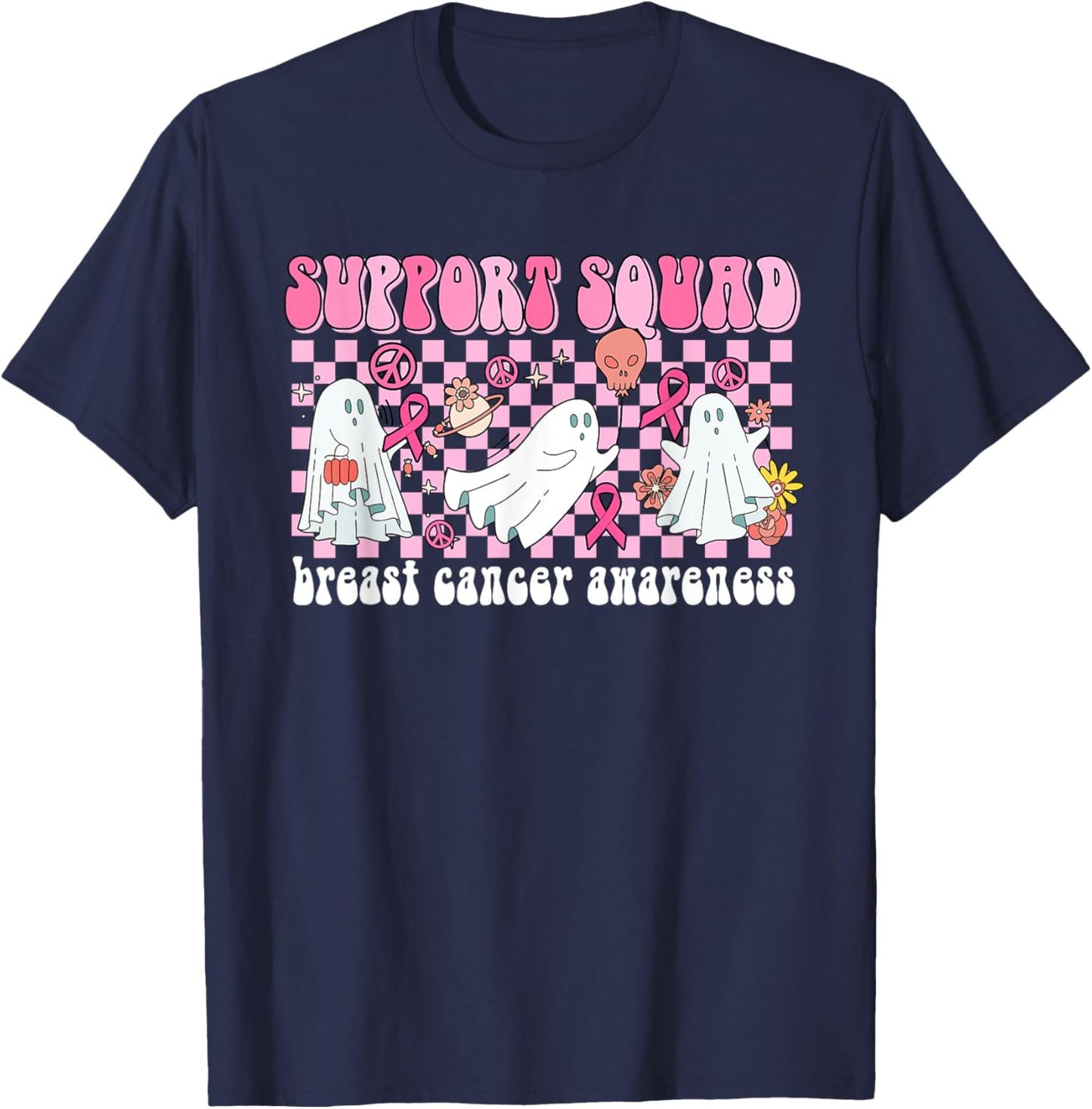 Groovy Halloween Cute Pink Ghost Breast Cancer Support Squad T-Shirt - T-Shirt | Navy