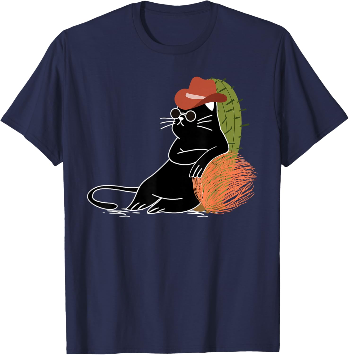 Relaxed Cowboy Cat Amidst Cactus and Wild West Tumbleweeds T-Shirt - T-Shirt | Navy