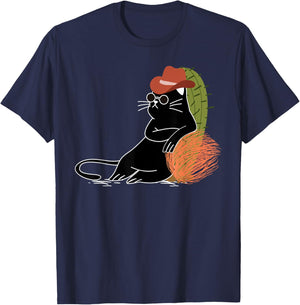Relaxed Cowboy Cat Amidst Cactus and Wild West Tumbleweeds T-Shirt - T-Shirt | Navy