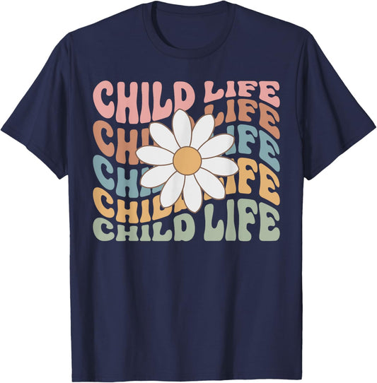 Women Groovy Child Life Daisy Flower Child Life Specialist T-Shirt - T-Shirt | Navy