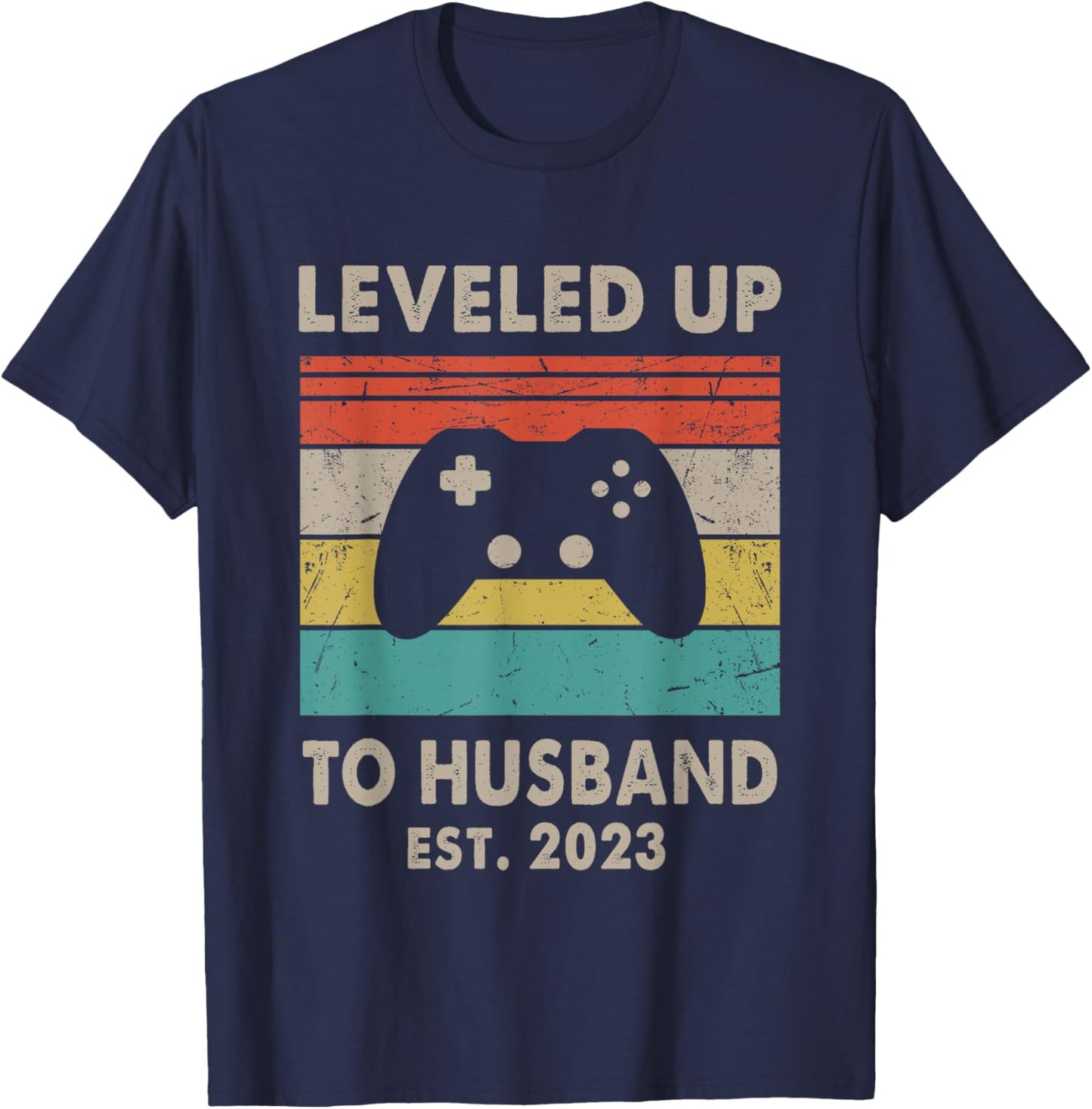 Promoted To Husband Est 2023 - Leveled Up To Husband Retro T-Shirt - T-Shirt | Navy
