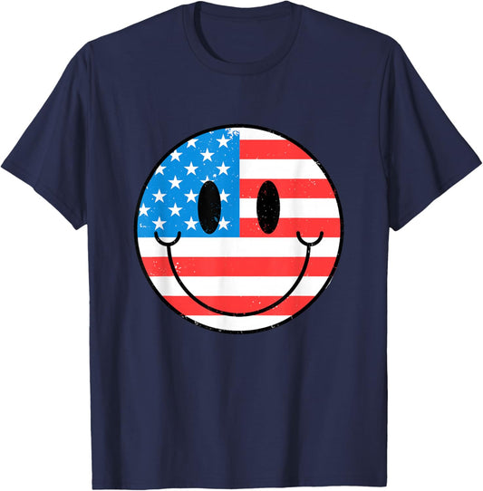 USA Happy Face Smile American Flag 4th Of July T-Shirt - T-Shirt | Navy