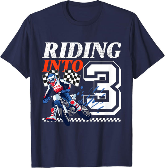 Kids Dirt Bike Riding into 3 Years Motocross 3rd Birthday Party T-Shirt - T-Shirt | Navy