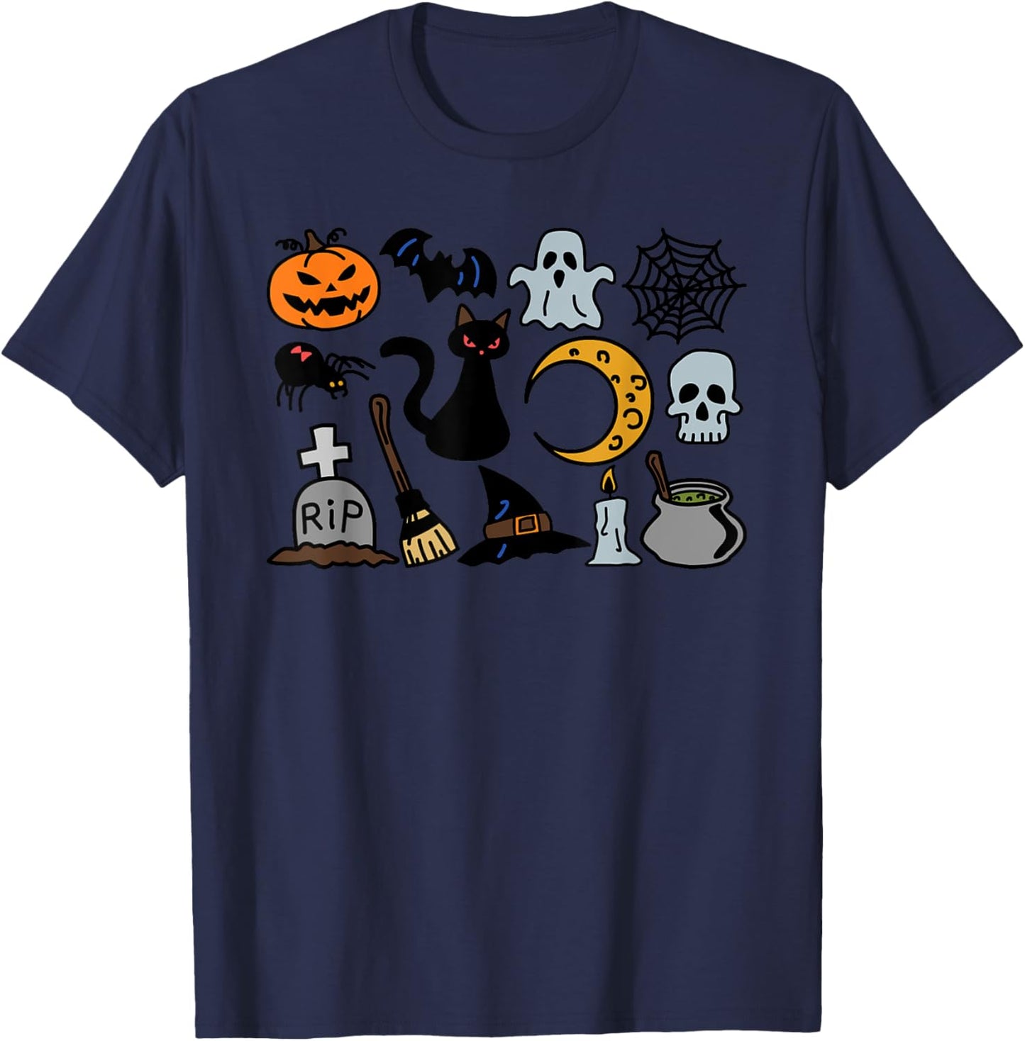 Halloween Jack O'Lantern, Bat, Cat Ghost Moon Spider T-Shirt - T-Shirt | Navy