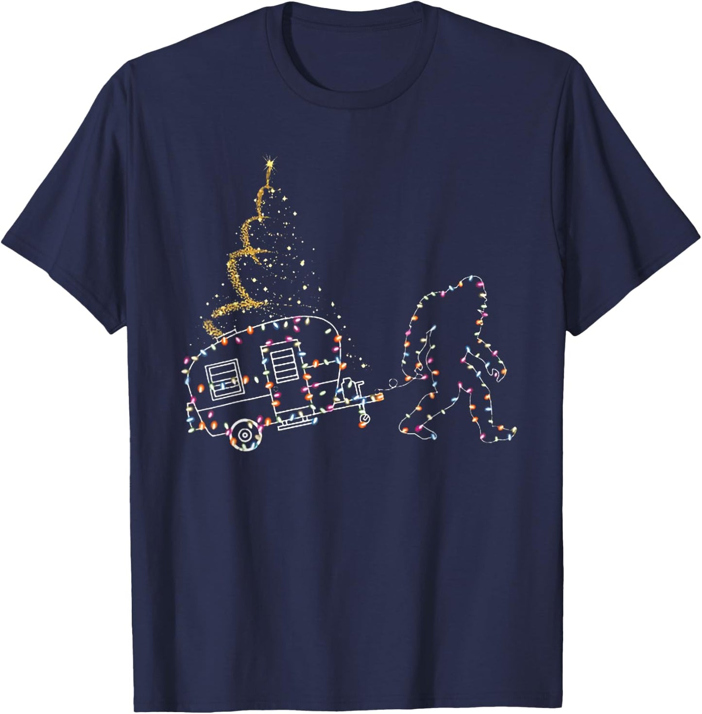 Bigfoot With Camping Car Light Christmas T-Shirt - T-Shirt | Navy