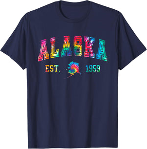 Tie Dye Alaska 1959 Retro Mountains Funny Alaska Hiking T-Shirt - T-Shirt | Navy