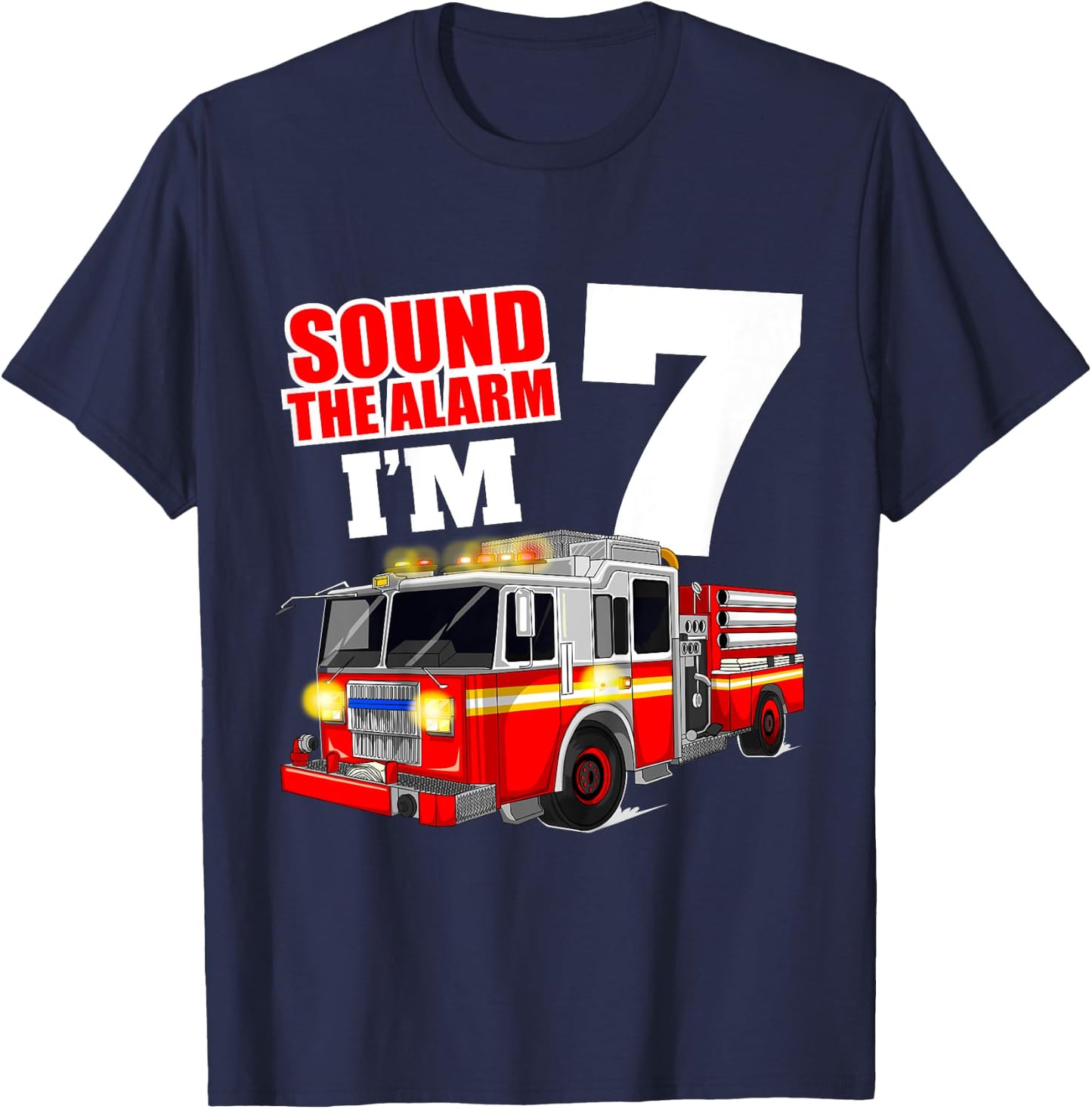 Kids Fire Truck 7th Birthday Boy Firefighter 7 Year Old T-Shirt - T-Shirt | Navy