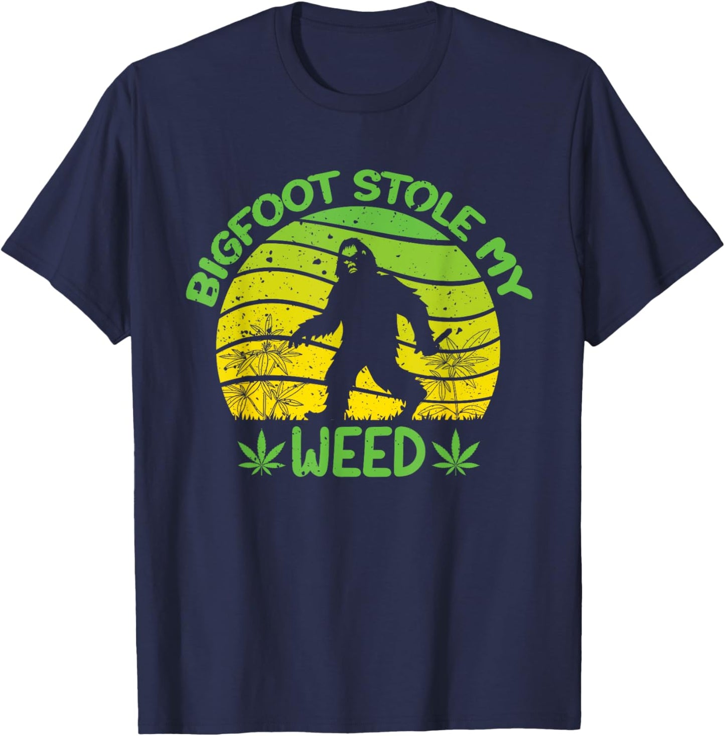 420 Funny Bigfoot Stole My Weed, Retro Sunset Sasquatch T-Shirt - T-Shirt | Navy