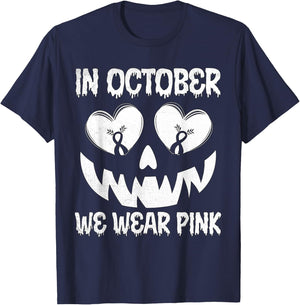 In October We Wear Pink Breast Cancer Halloween Jackolantern T-Shirt - T-Shirt | Navy