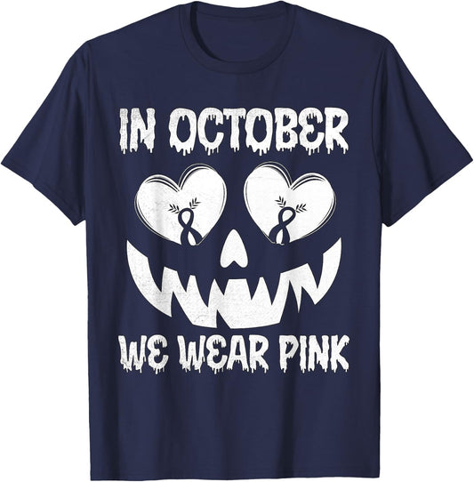 In October We Wear Pink Breast Cancer Halloween Jackolantern T-Shirt - T-Shirt | Navy