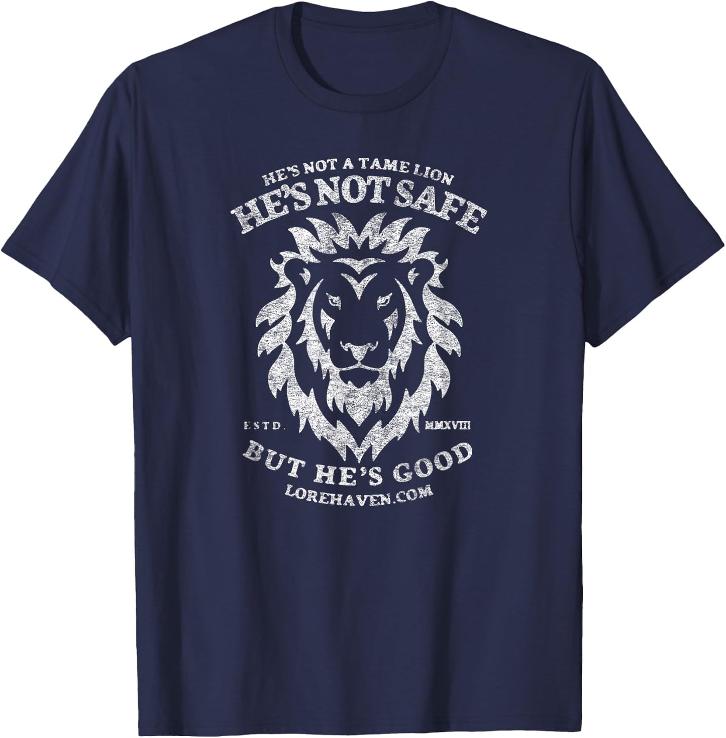 He's Not a Tame Lion Retro-Vintage Distressed Graphic T-Shirt - T-Shirt | Navy