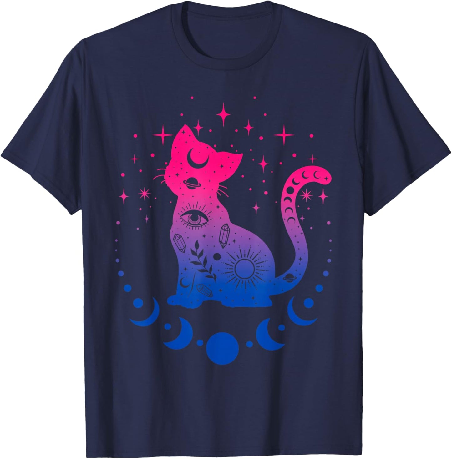 Celestial Bisexual Astrology Cat Colours of Bi Pride Flag T-Shirt - T-Shirt | Navy