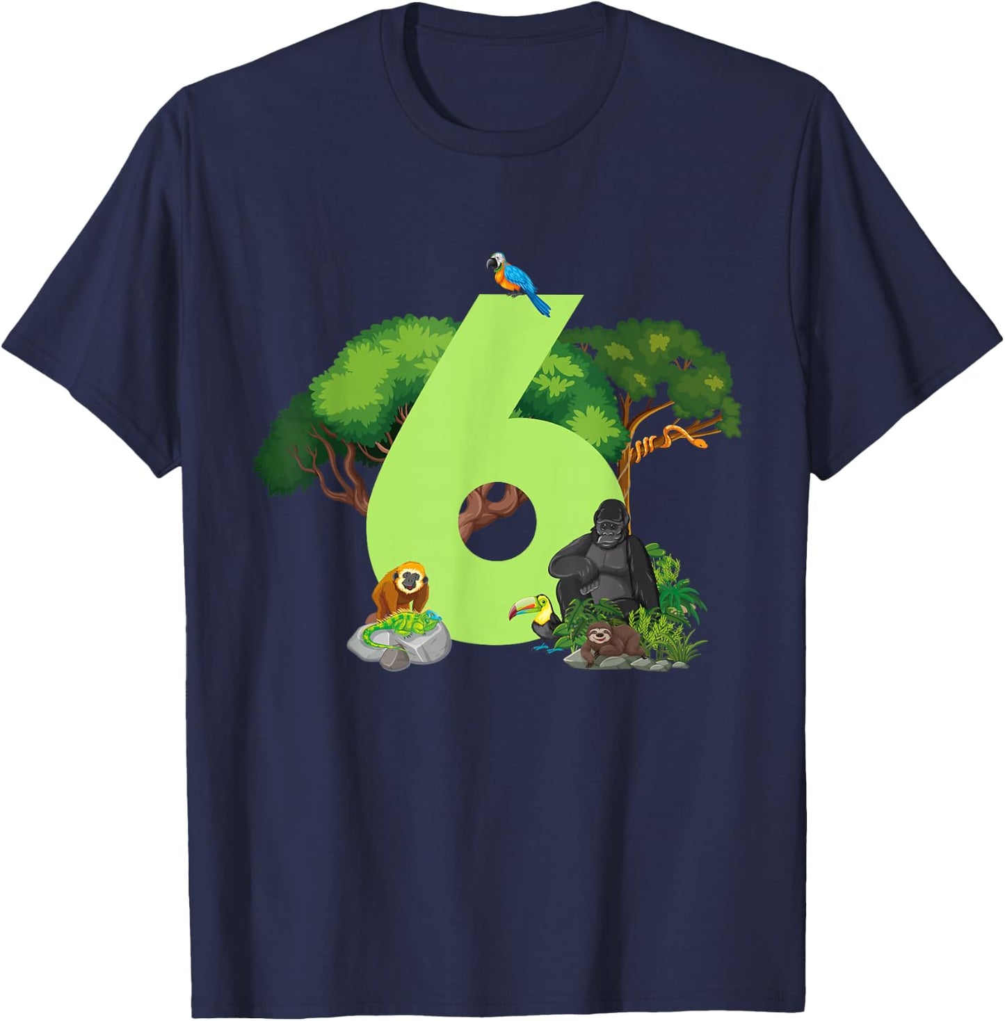 6th Birthday Jungle Animals Safari Rainforest 6 Year Old T-Shirt - T-Shirt | Navy