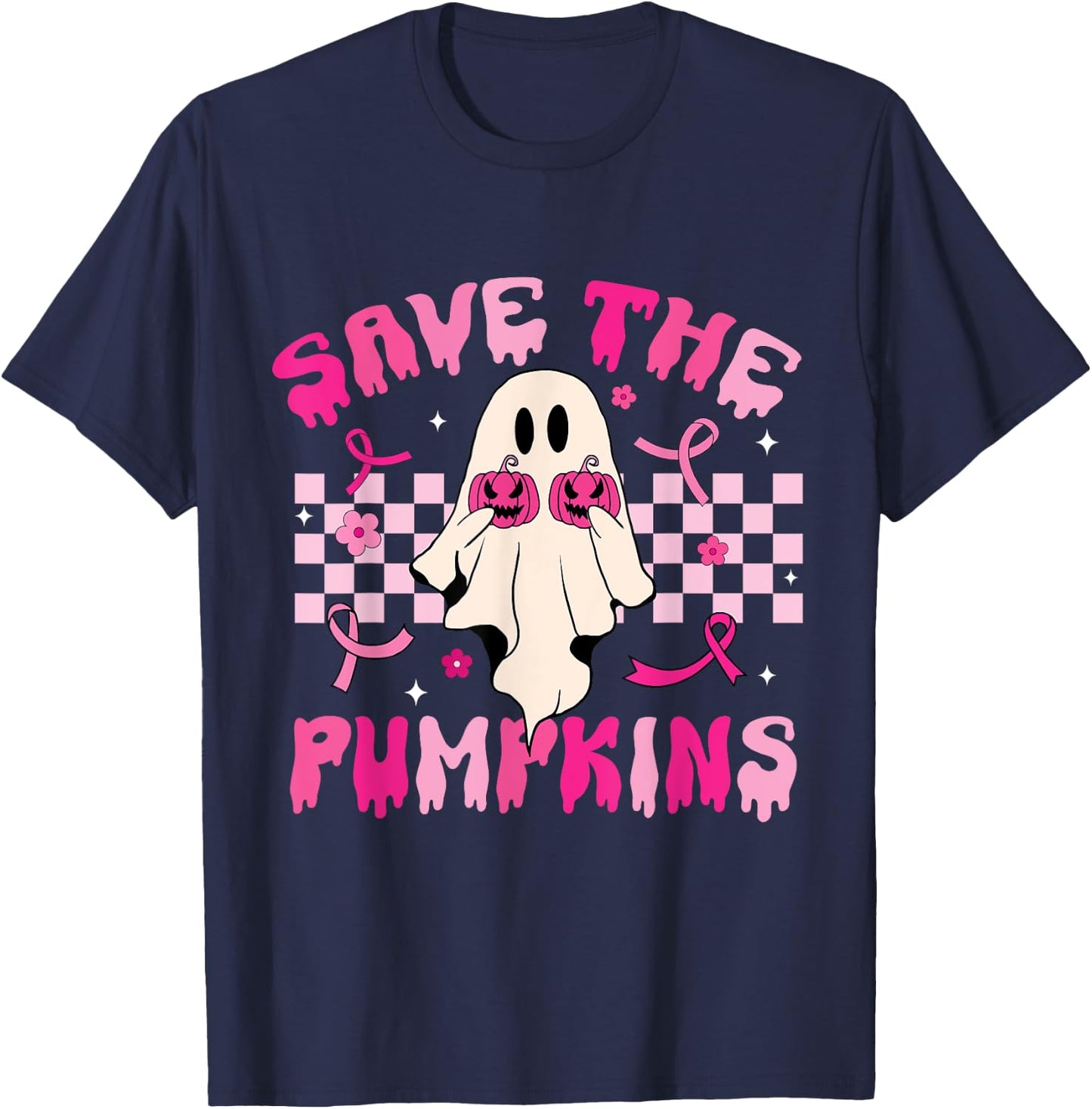 Rero Groovy Save The Pumpkins Ghost Breast Cancer Awareness T-Shirt - T-Shirt | Navy