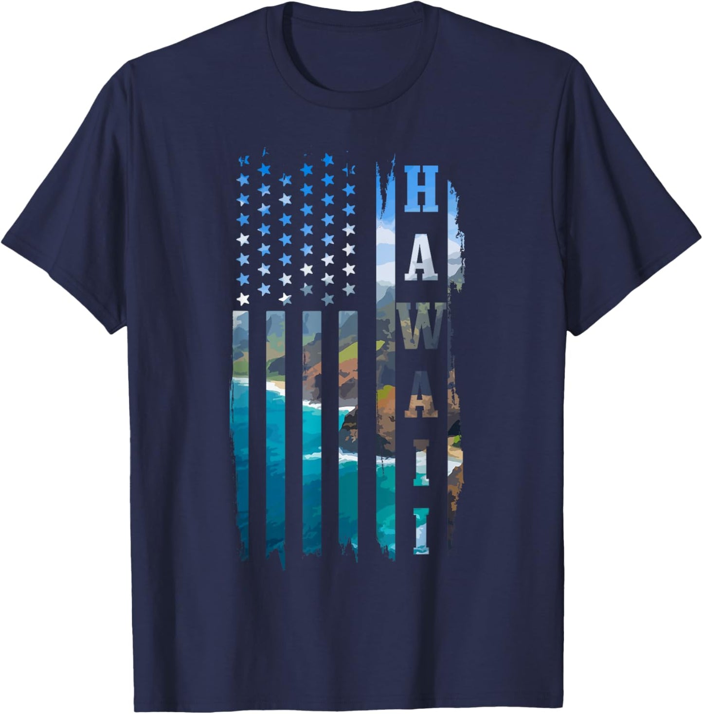 Hawaiian Flag Landscape Surfer T-Shirt - T-Shirt | Navy