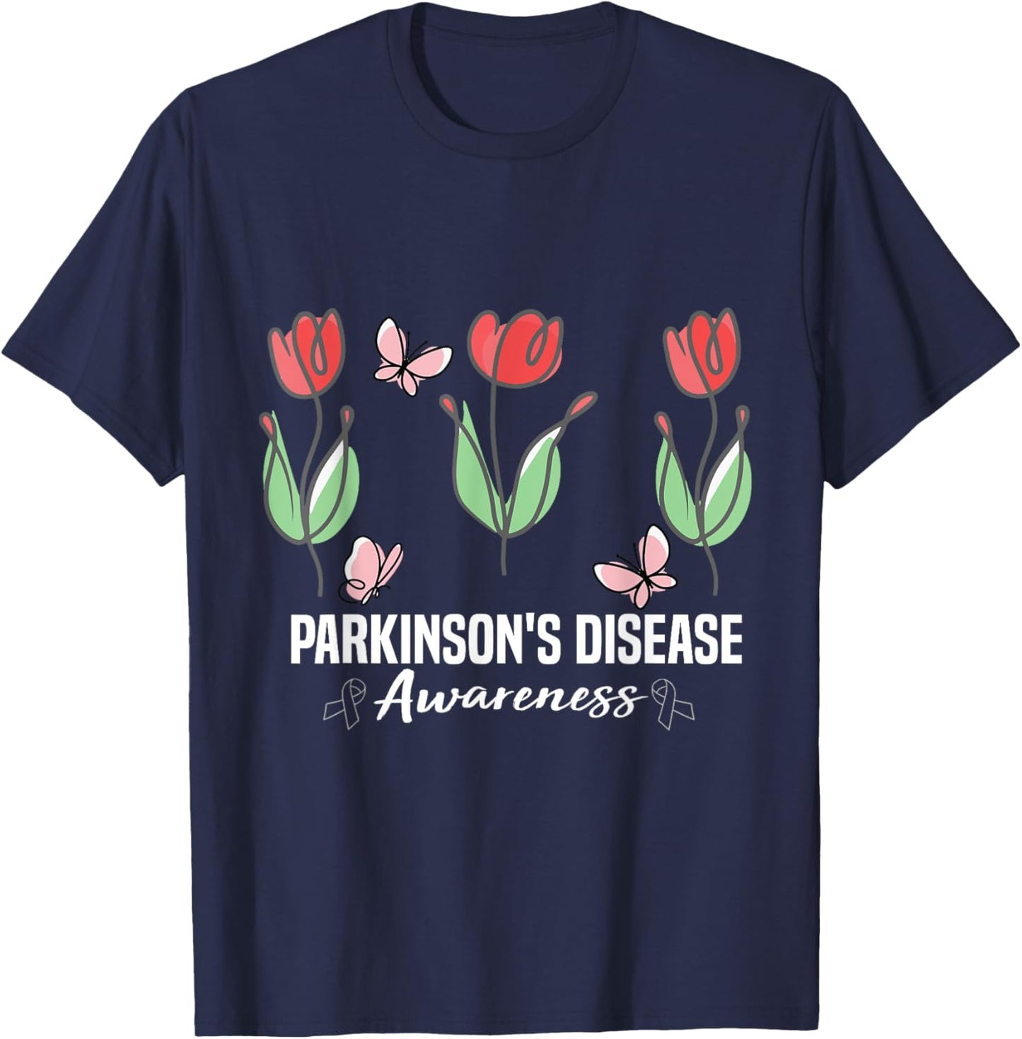 Parkinson's Disease Awareness Month Red Tulips Butterfly T-Shirt - T-Shirt | Navy