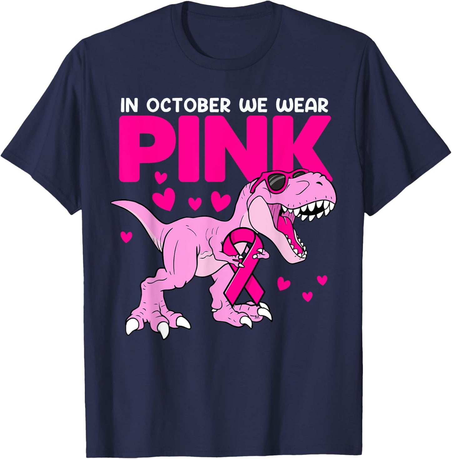 In October We Wear Pink Cute Dinosaur Breast Cancer Boys T-Shirt - T-Shirt | Navy