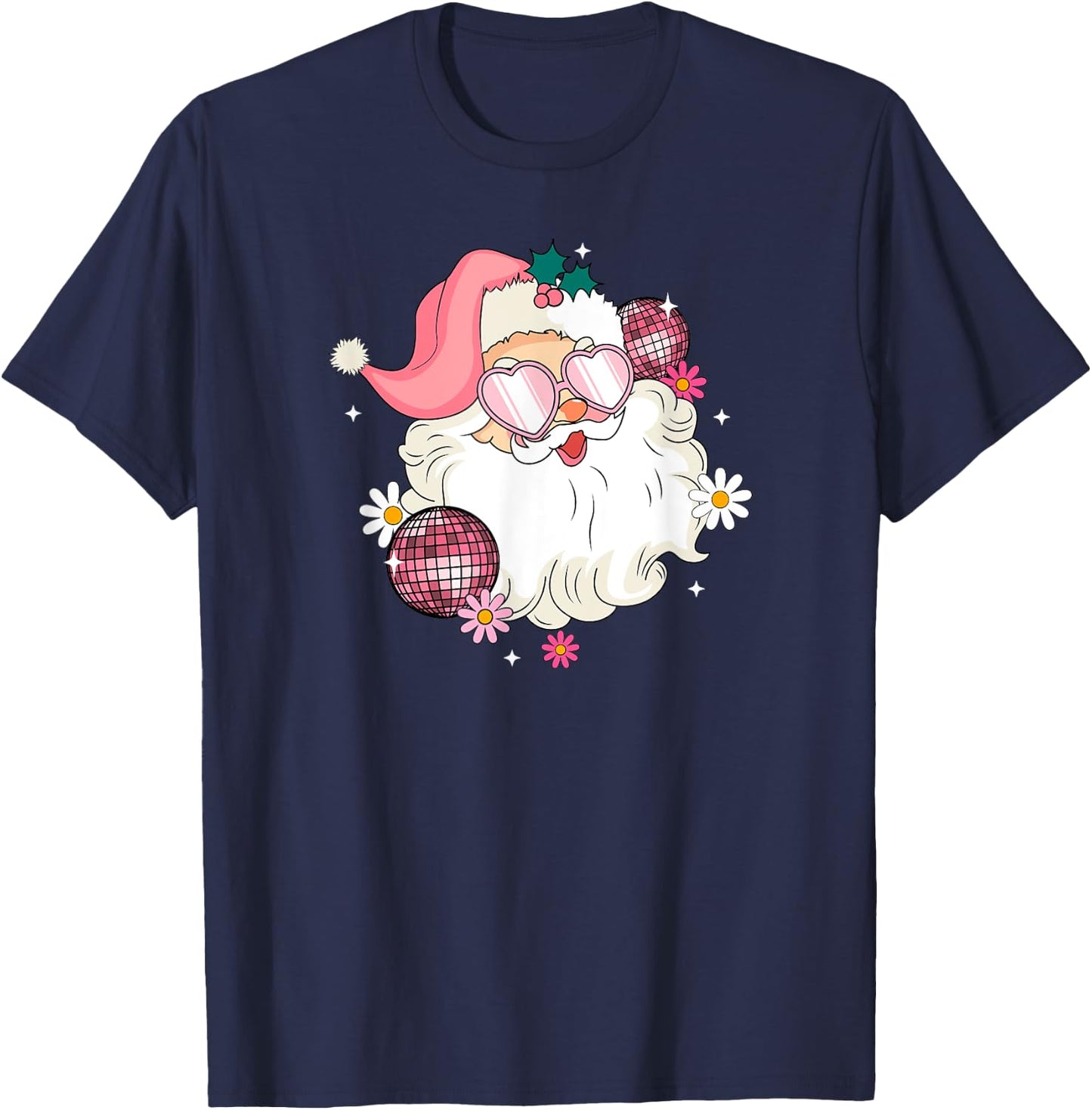 Pink Retro Disco Santa Christmas Bling T-Shirt - T-Shirt | Navy