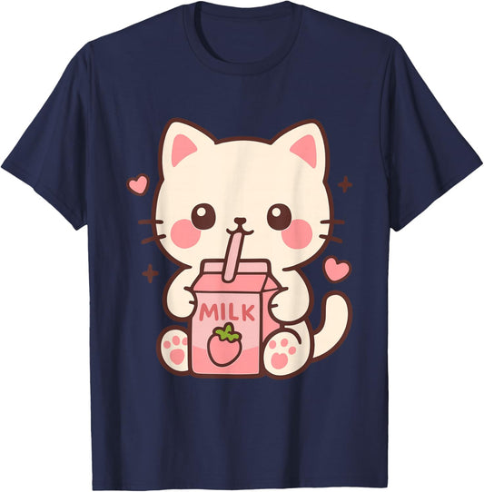 Kawaii Katze Erdbeermilch Japanisch niedlich Anime Mädchen Teens T-Shirt - T-Shirt | Navy