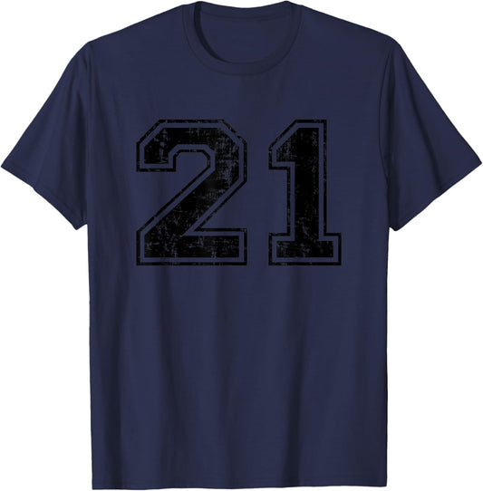 Number 21 Varsity Distressed Vintage Sport Team Player's T-Shirt - T-Shirt | Navy
