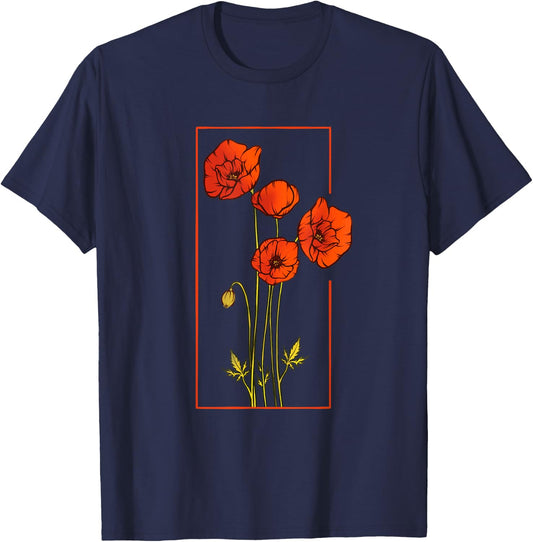 Floral Flower Poppy Poppies Wildflower T-Shirt - T-Shirt | Navy