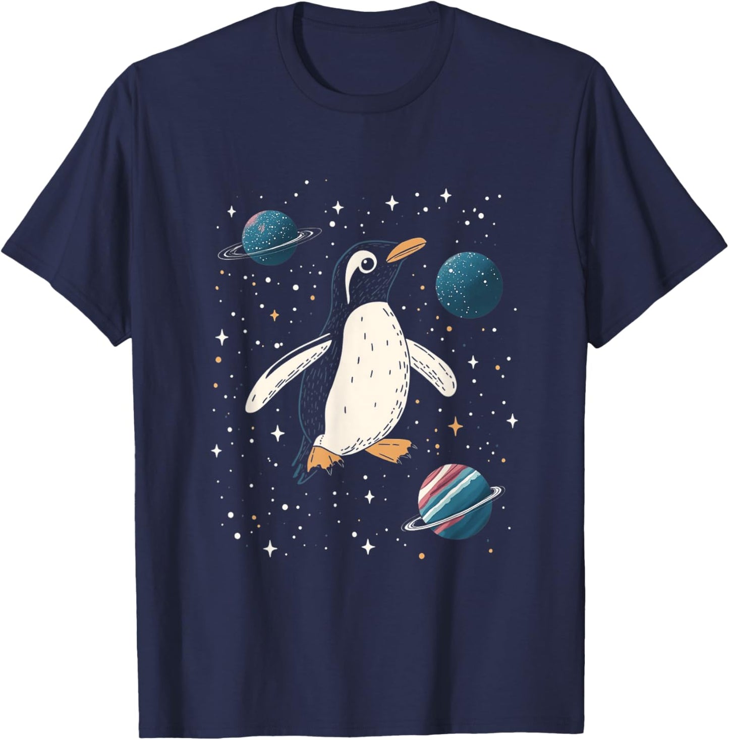 Penguin in Space Cartoon Art T-Shirt - T-Shirt | Navy