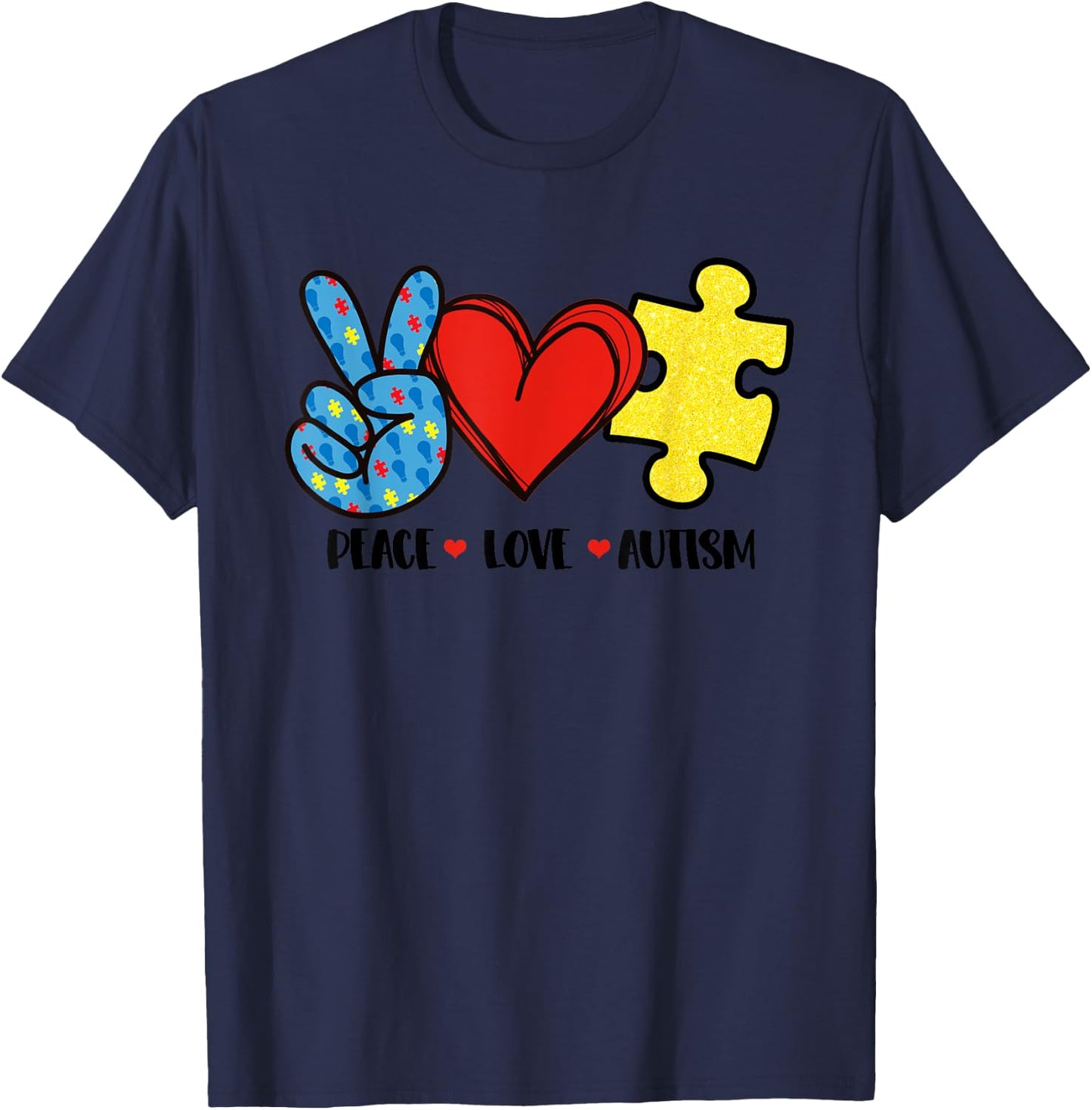 Peace Love Autism Puzzle Ribbon Gift Autism Awareness Day T-Shirt - T-Shirt | Navy