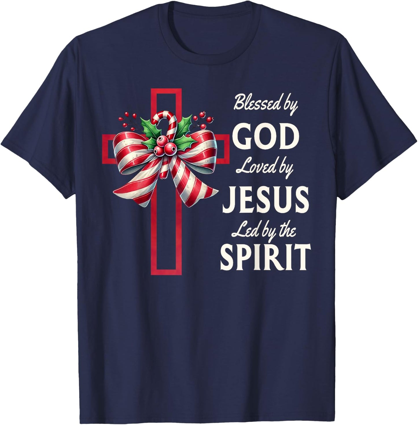 Blessed By God Loved By Jesus Beautiful Candy Cane Cross T-Shirt - T-Shirt | Navy