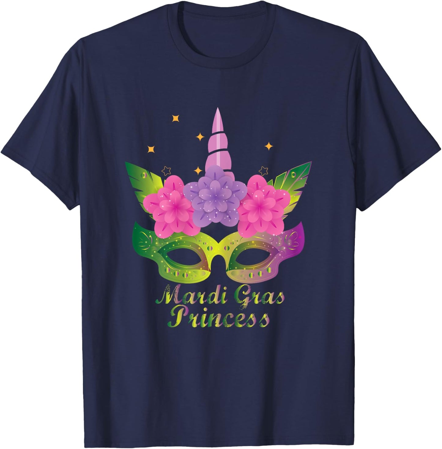 Mardi Gras Princess T Shirt With Flower Unicorn Mask T Shirt T-Shirt - T-Shirt | Navy