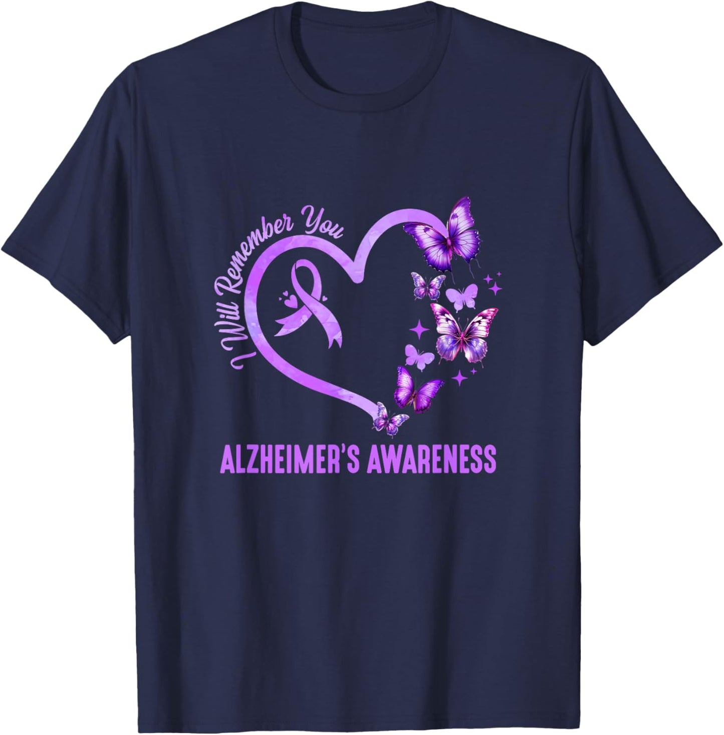 I'll Remember For You Purple Butterfly Alzheimer's Awareness T-Shirt - T-Shirt | Navy