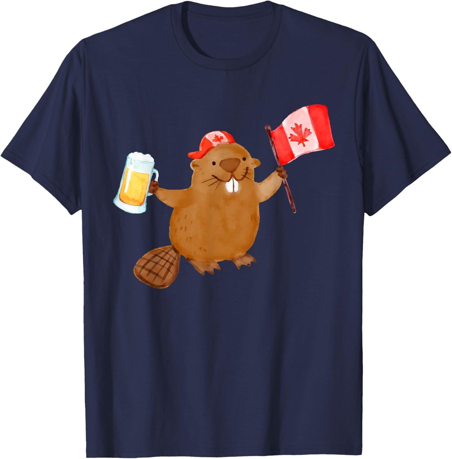Beaver Holding Canada Flag Beer T-Shirt - T-Shirt | Navy