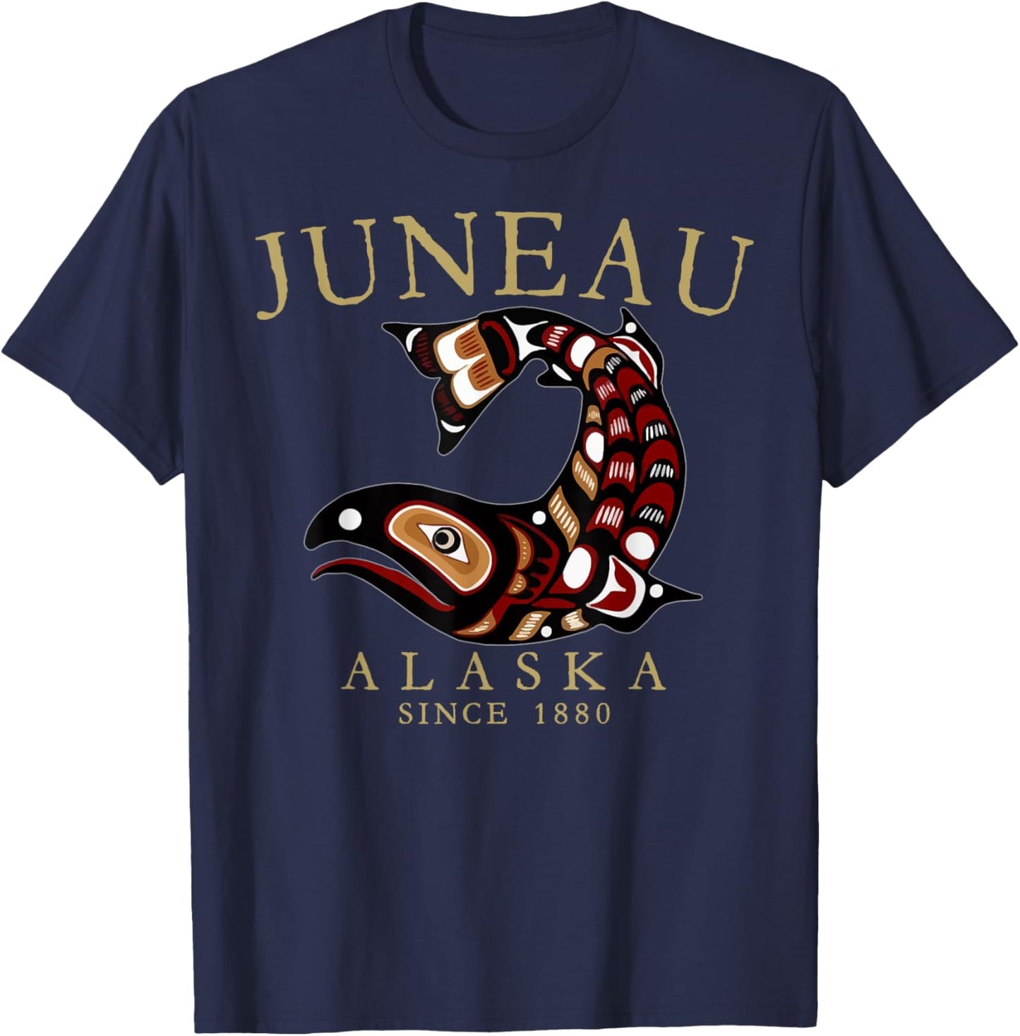 Juneau Alaska Tribal Art Salmon Since 1880 Tan Letters T-Shirt - T-Shirt | Navy
