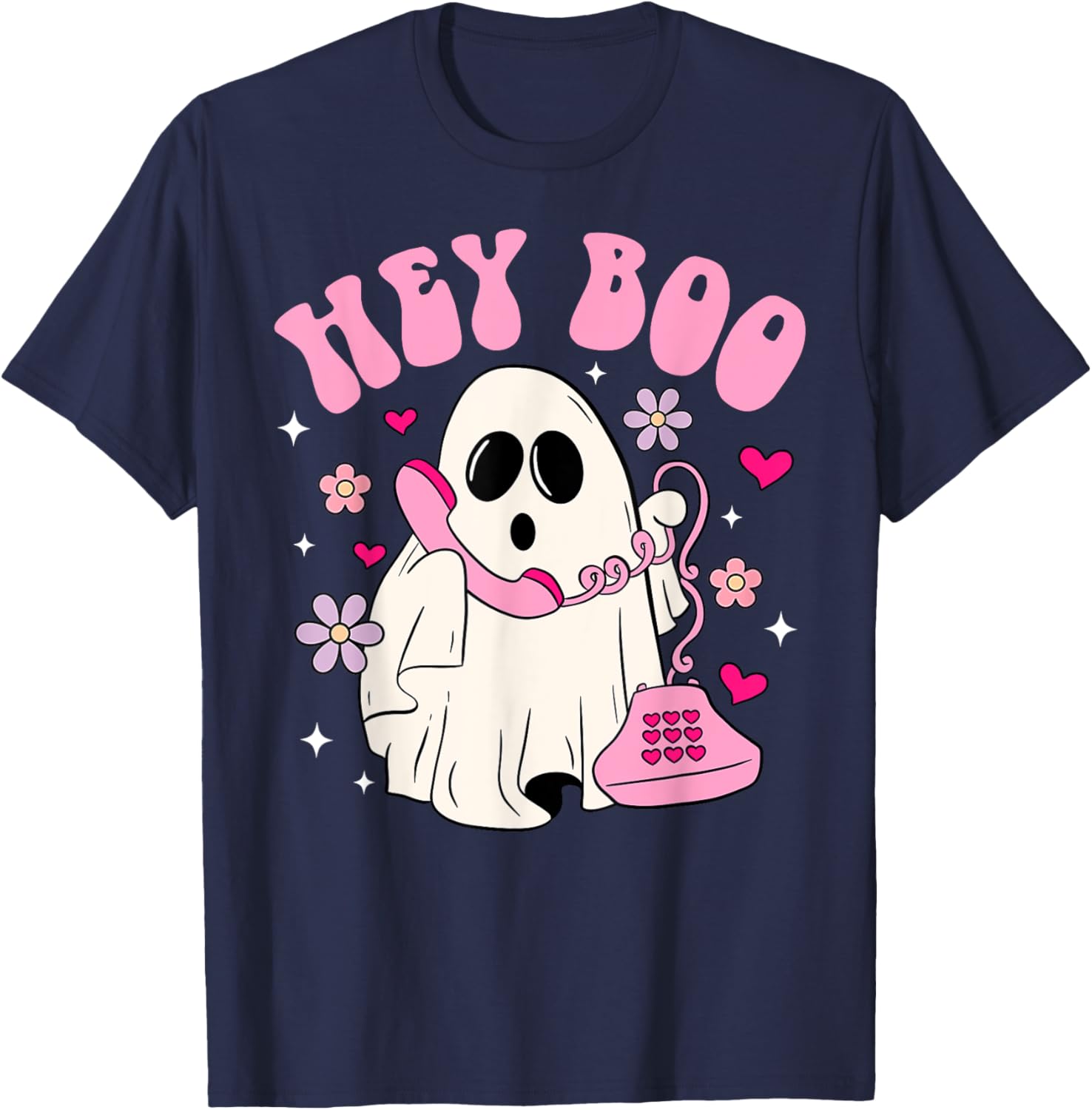 Groovy Hey Boo Cute Ghost Funny Halloween Women Kids Girls T-Shirt - T-Shirt | Navy