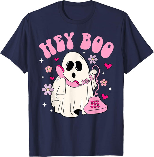 Groovy Hey Boo Cute Ghost Funny Halloween Women Kids Girls T-Shirt - T-Shirt | Navy