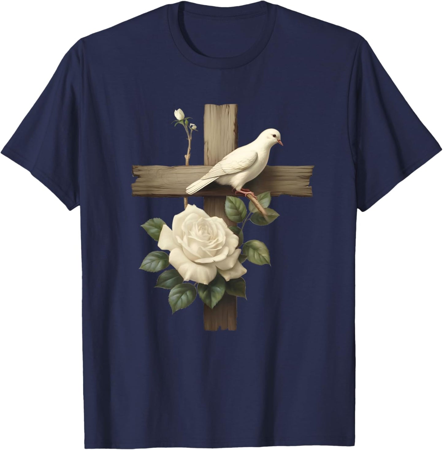 Aesthetic Christian Cross With Roses And Dove Of Peace T-Shirt - T-Shirt | Navy