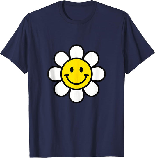 Yellow Happy Smiling Smile Face Daisy Flower Shirt Kids Girl T-Shirt - T-Shirt | Navy