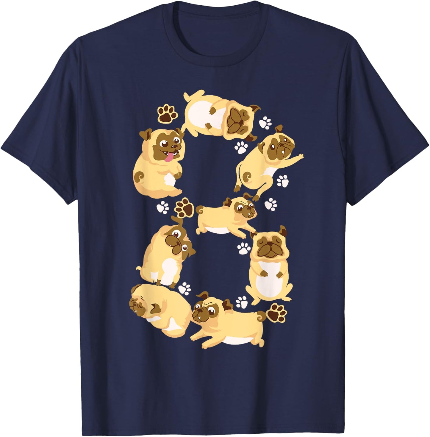 Cute Dog 8th Birthday Gift | Cool 8 Years Old Pug Boys Girls T-Shirt - T-Shirt | Navy