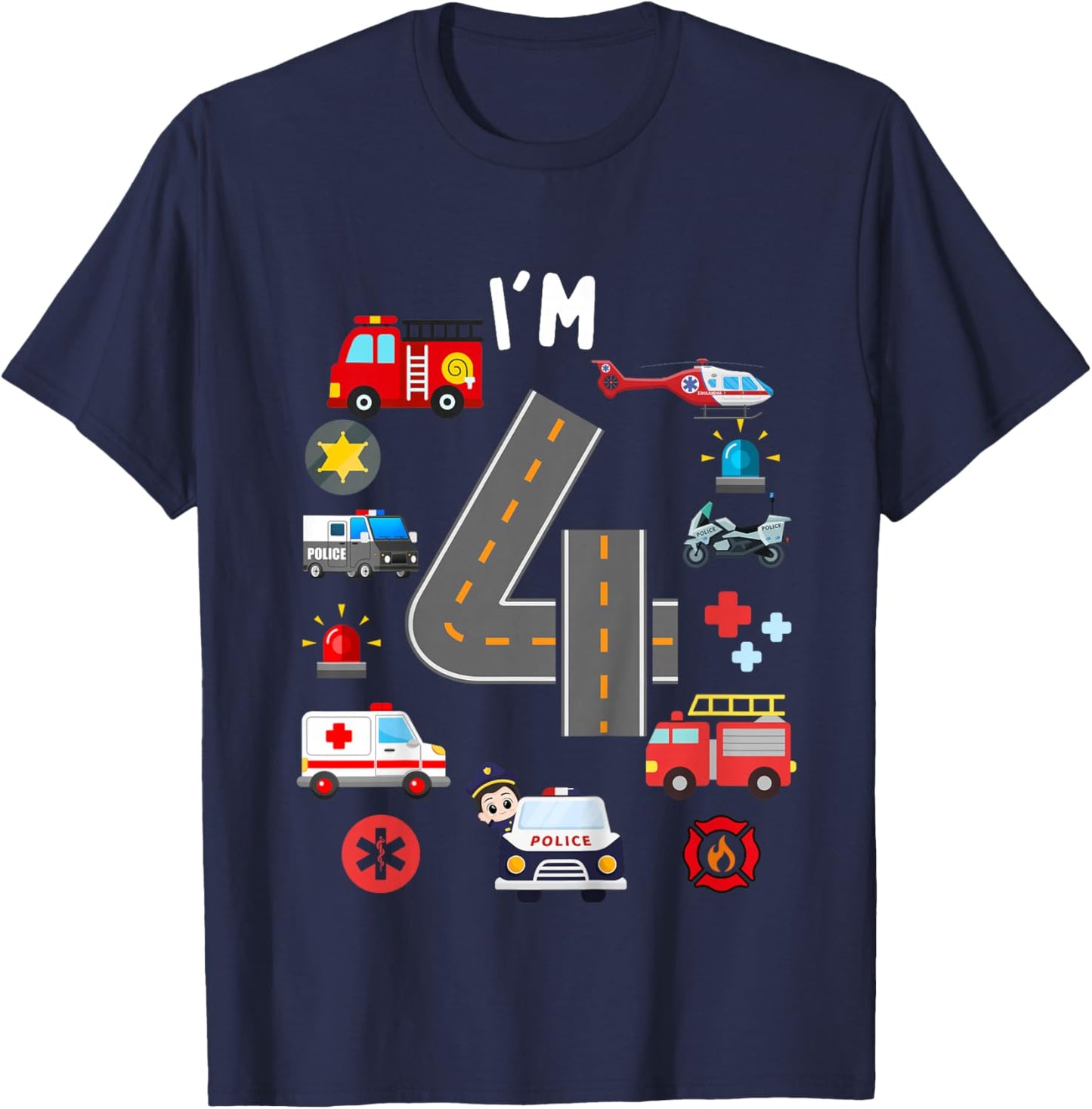 Kids 4th Birthday Emergency Vehicles Boys 4Years Old Toddler Kids T-Shirt - T-Shirt | Navy
