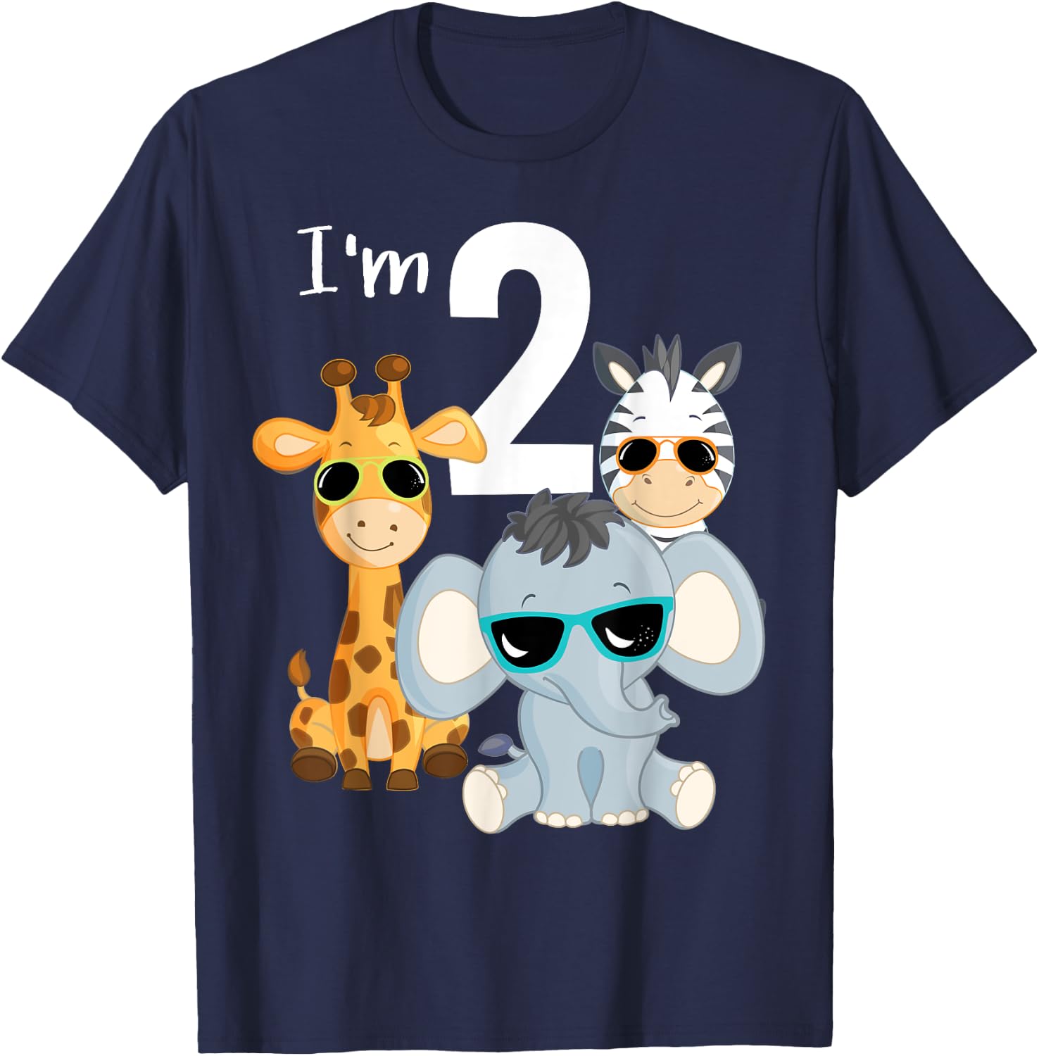 Cool Safari Animals 2nd Birthday Party 2 Year Old Toddler T-Shirt - T-Shirt | Navy