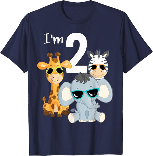 Cool Safari Animals 2nd Birthday Party 2 Year Old Toddler T-Shirt - T-Shirt | Navy