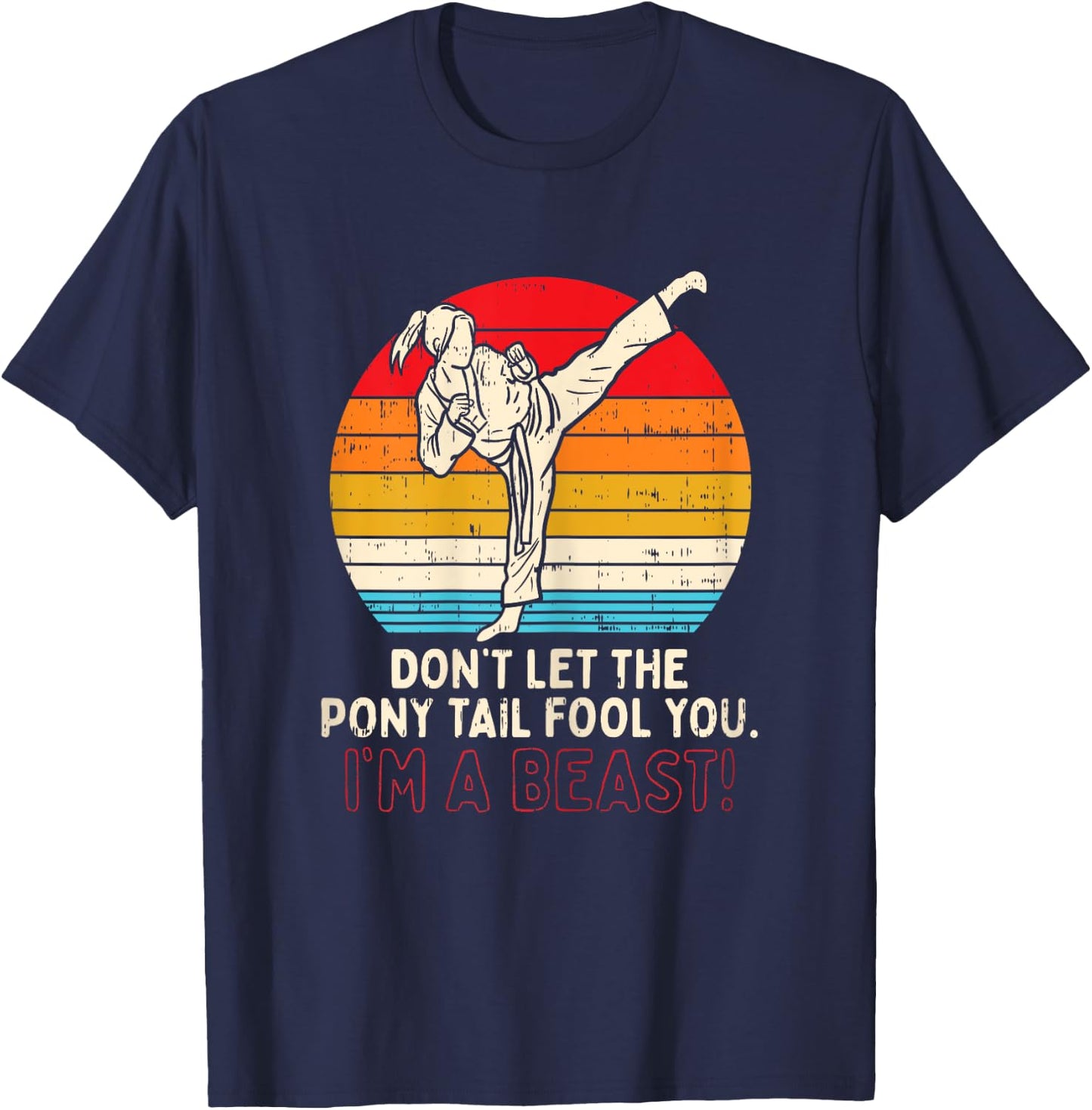 BoredKoalas Dont Let Ponytail Fool You Girl Kick Karate - Black, X-Small T-Shirt - T-Shirt | Navy