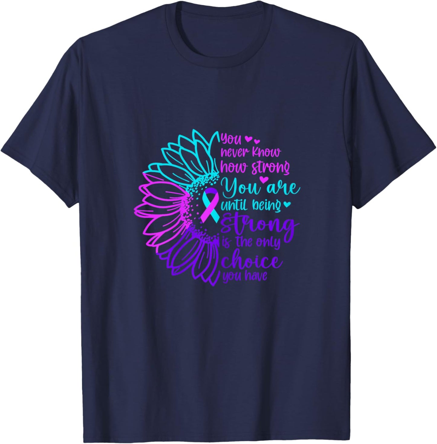 Sunflower Thyroid Cancer Strong Awareness Ribbon T-Shirt - T-Shirt | Navy