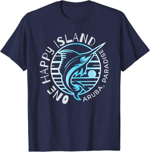 One Happy Island Aruba Shirt Sail Fish Fishing Typography T-Shirt - T-Shirt | Navy